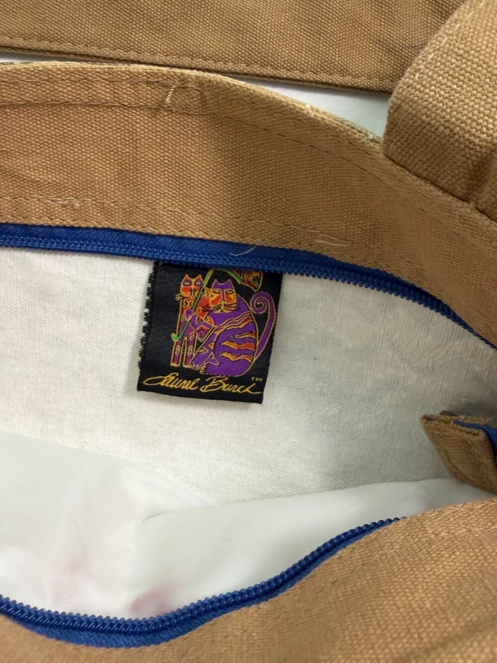 Laurel Burch Cat Tote Bag Vintage Style Canvas Handbag Blue Cats Folk Art Zipper - Picture 9 of 9